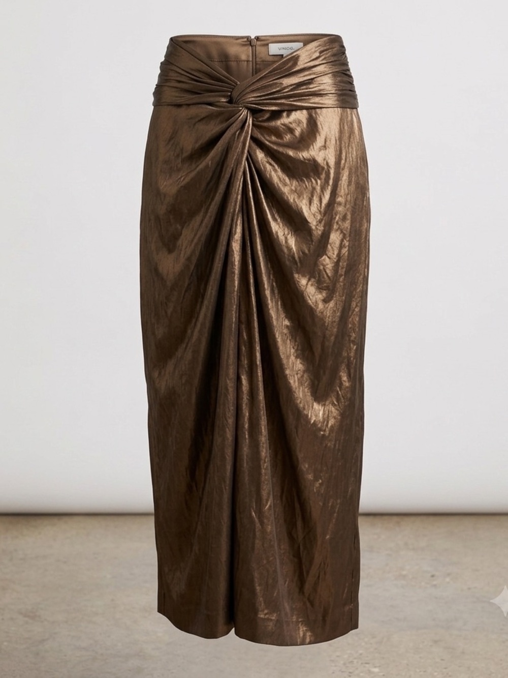 Vince Metallic Cottonwood Twist Front Midi Skirt Sz 4 Bronze Draped NWOT